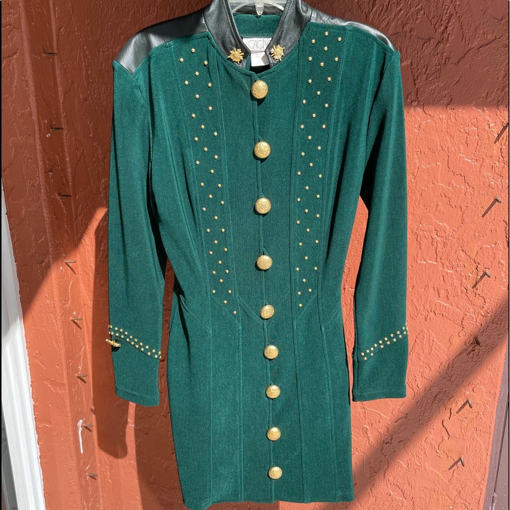 Cache - Royal Green with Large Gold Buttons and Gold studs Mini Dress